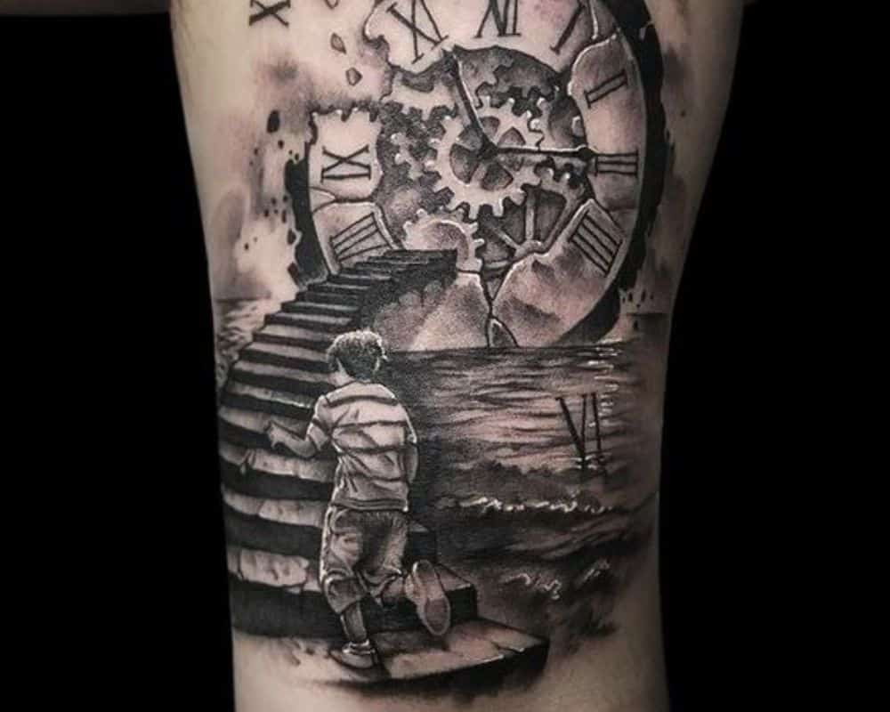 clock with a ladder and a boy