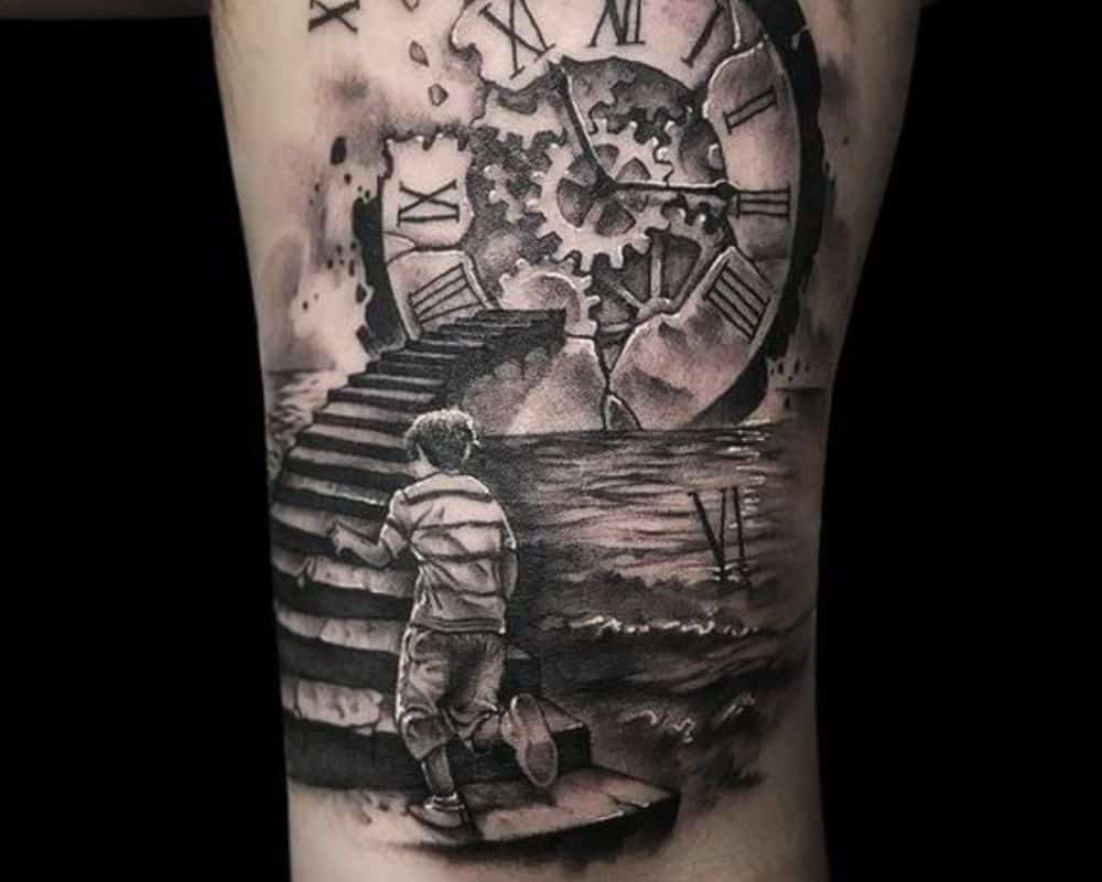 Clock with stairs tattoo meaning and ideas in 2024