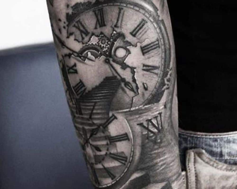 Tattoos of a ladder and clock