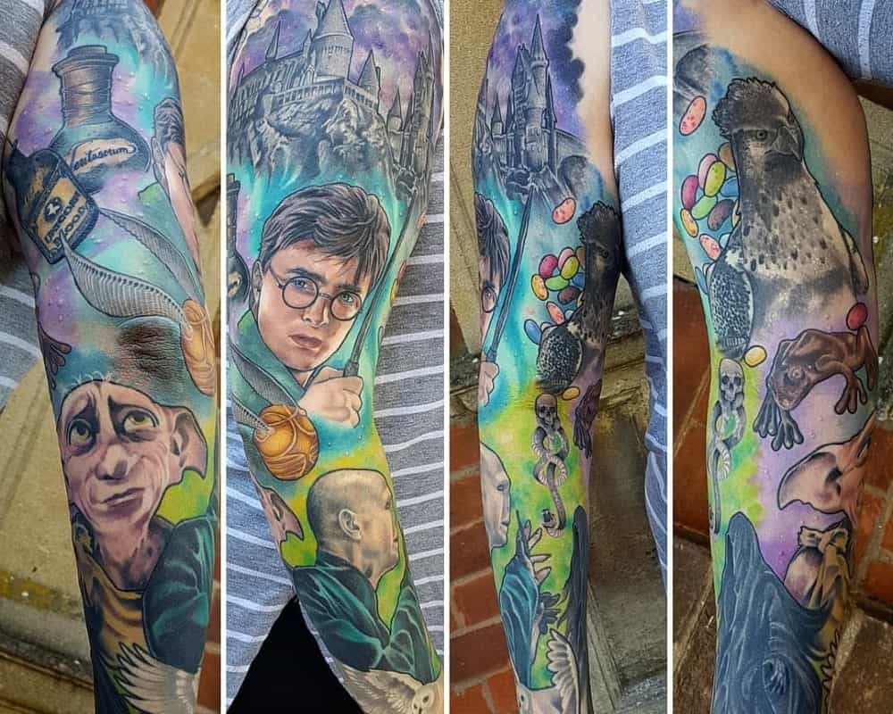 A colourful full arm tattoo with Harry, Dobby, Voldemort, a griffin and other details