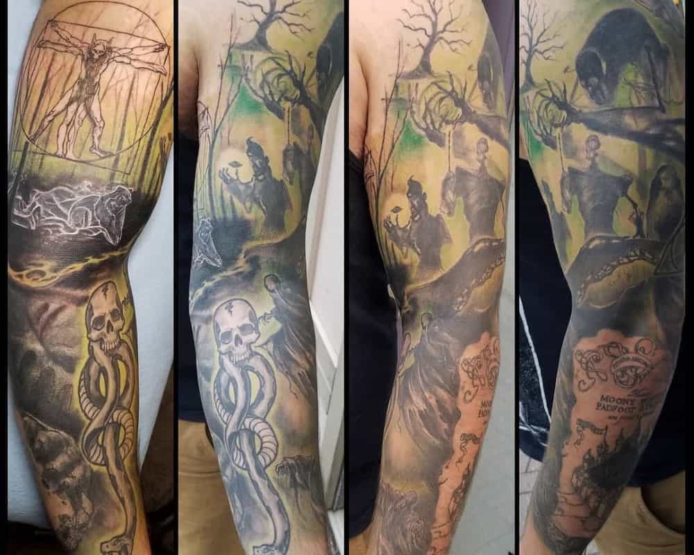 A full arm tattoo of the Death Eaters symbol of Dementors and a character from the tale of the Deathly Hallows