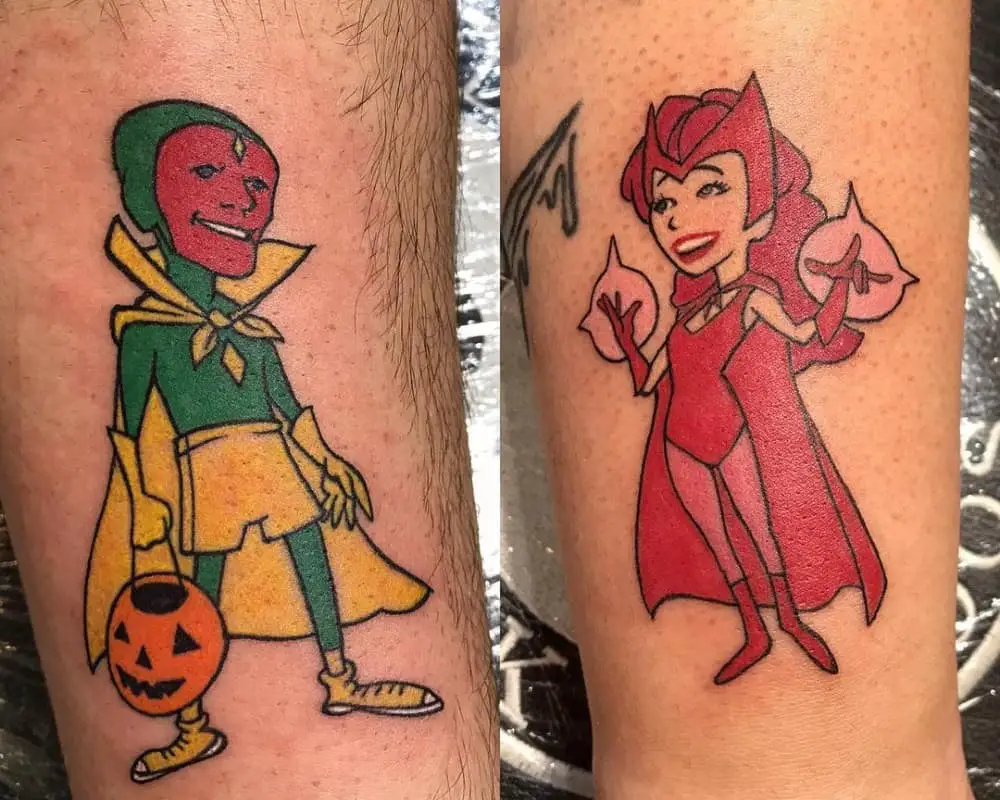 A paired tattoo of cartoon Wanda and Vision in their original costumes