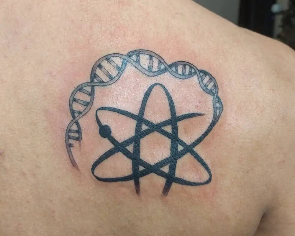 A tattoo in the shape of an atom and a DNA spiral around it