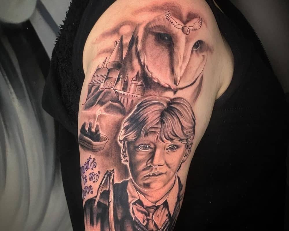 A tattoo of Hedwig and Ron Weasley in front of Hogwash