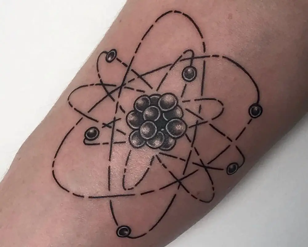 A tattoo of an atom on arm