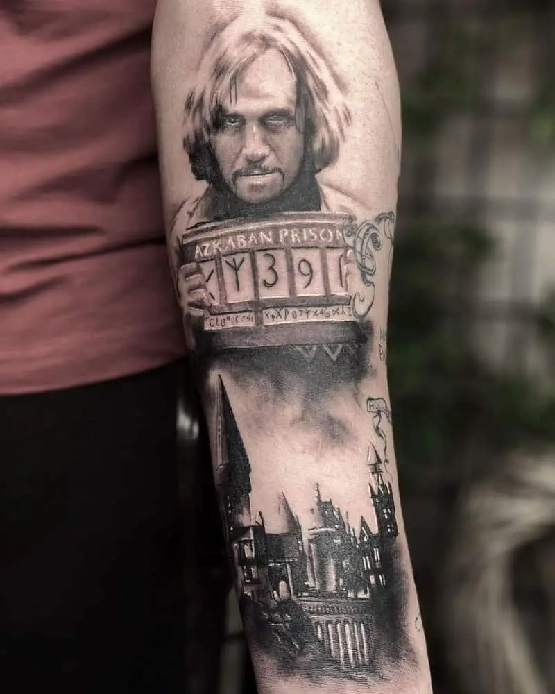 A tattoo with Sirius Black and Hogwarts