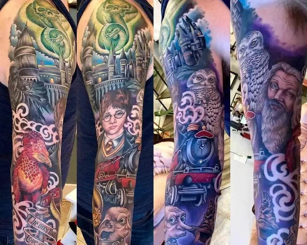 A very bright full arm tattoo featuring Harry, the phoenix, Dobby, the train and the rest of the characters