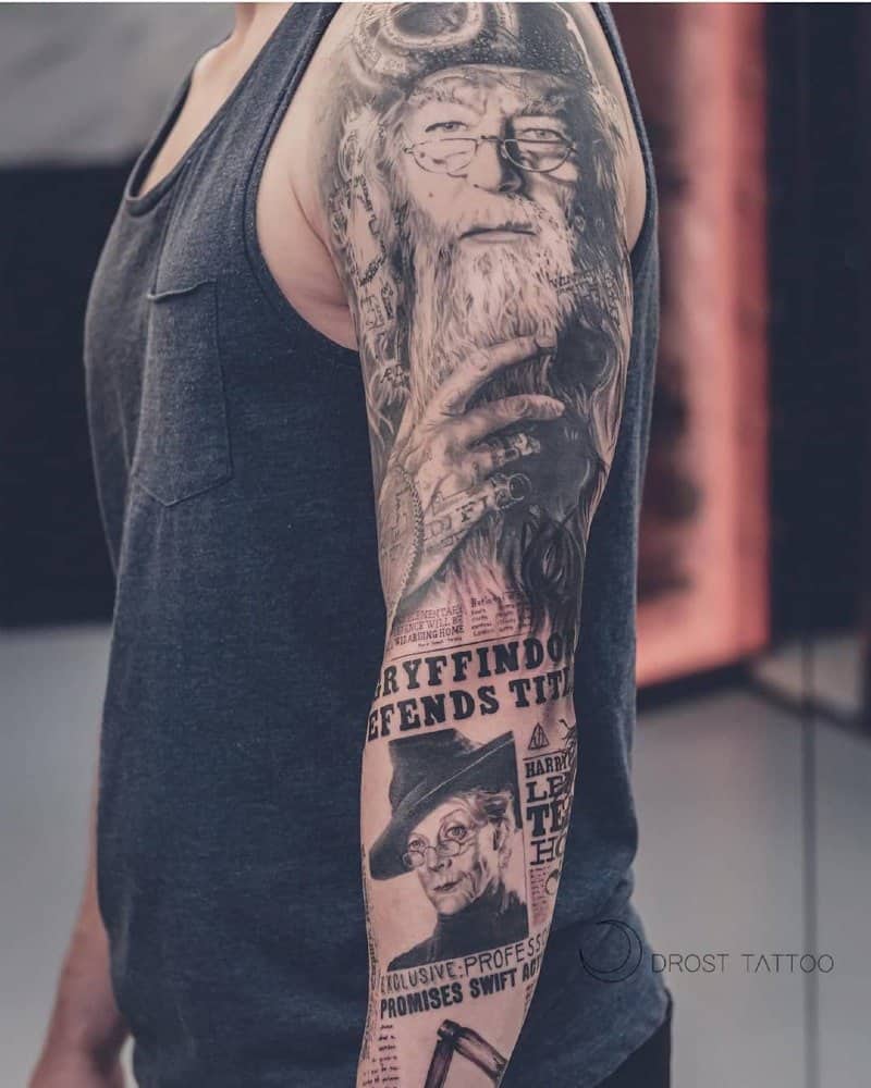 A very realistic tattoo of Dumbledore and McGonagall