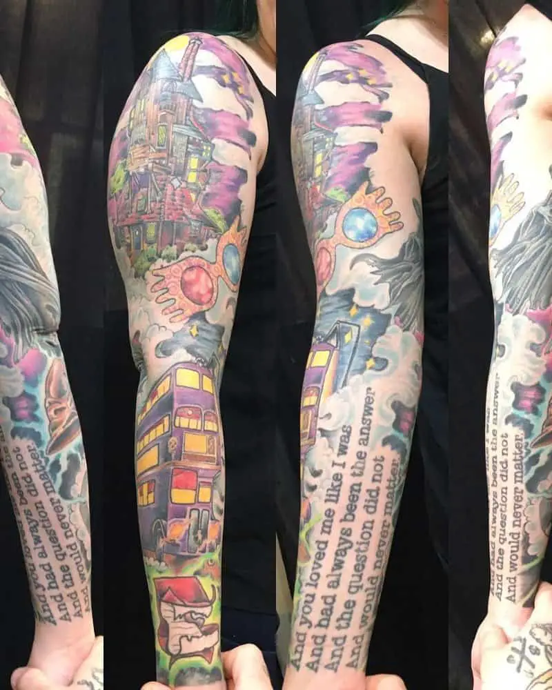 Colourful full arm tattoo with bus and quote from Harry Potter