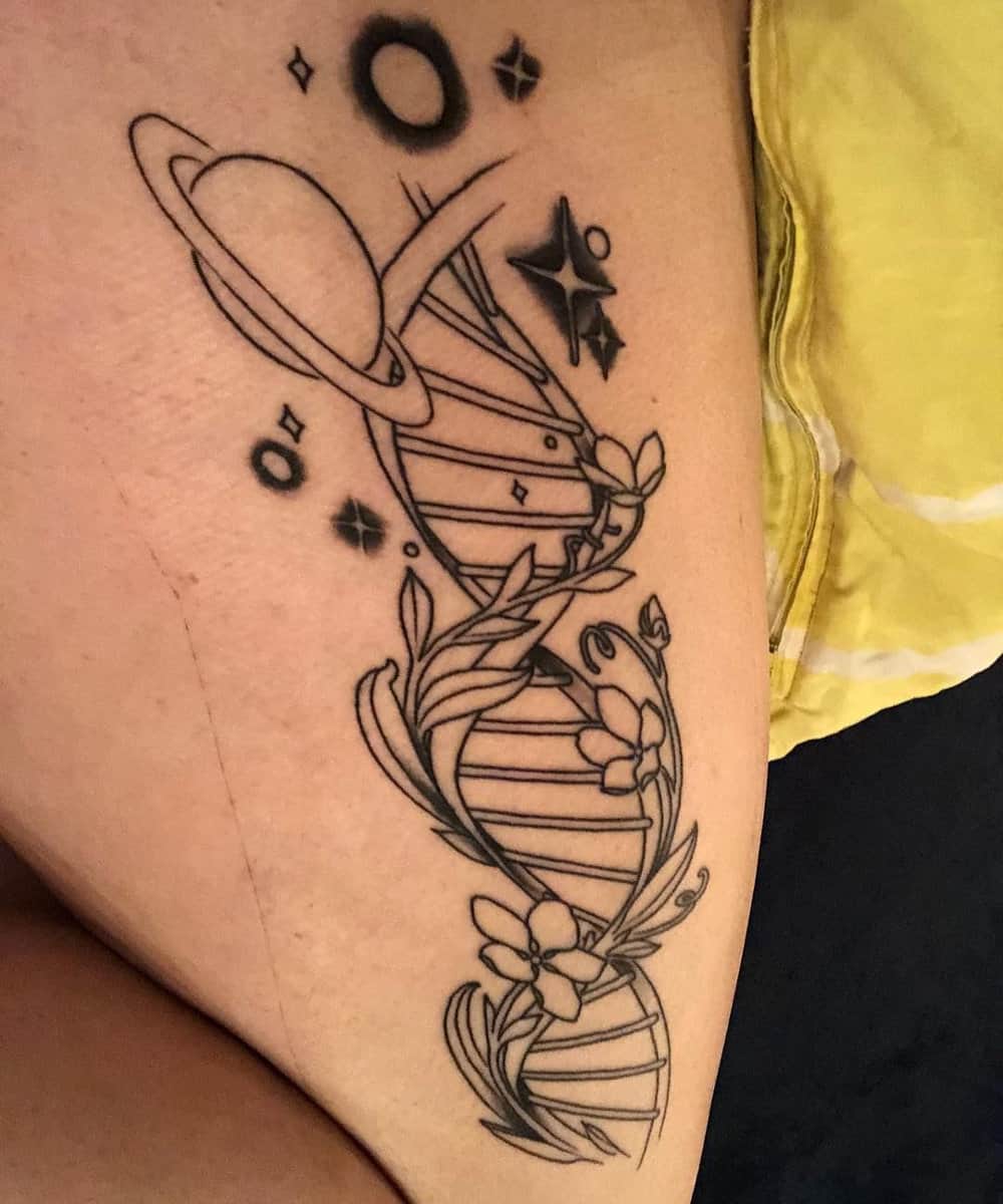 DNA spiral tattoo with flowers and space