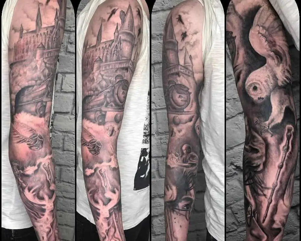Full arm tattoo of Hogwarts, train, Hedwig, Harry and Voldemort