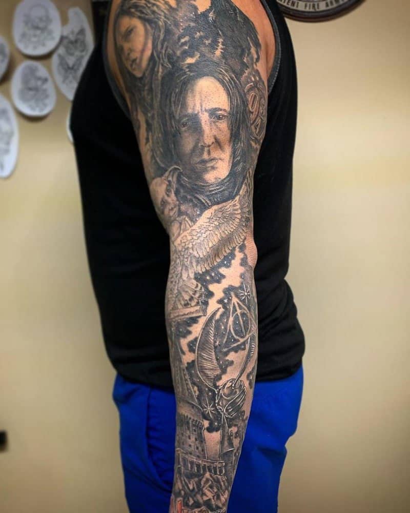 Full arm tattoo with Severus Snape, Dobby, owl, Hermione and other details