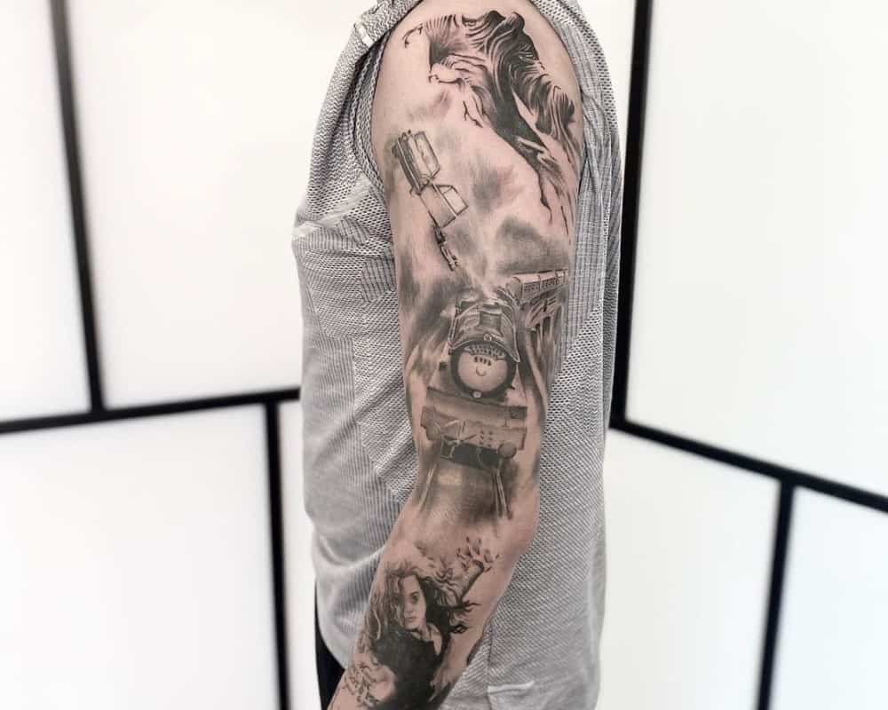 Full arm tattoo with train, car, Dementor and Bellatrix Lestrange