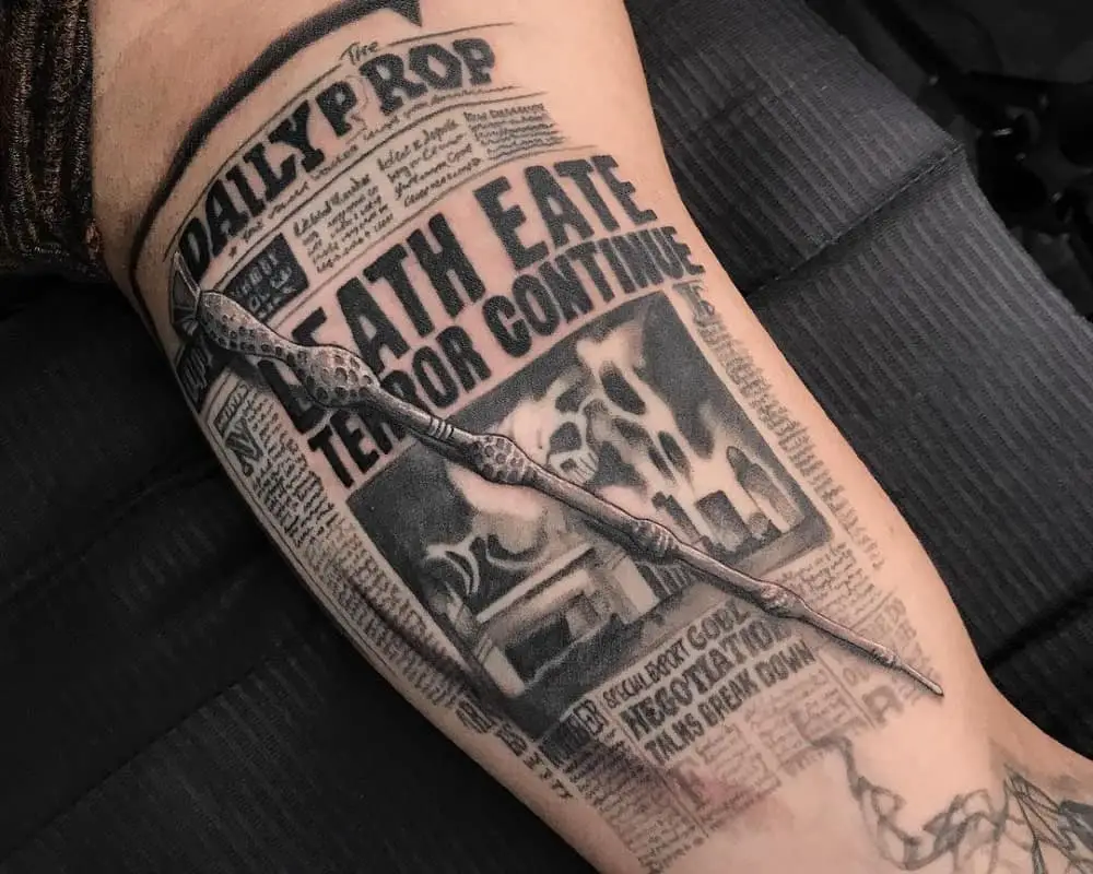 Newspaper tattoo of Death Eaters and Elder Wand