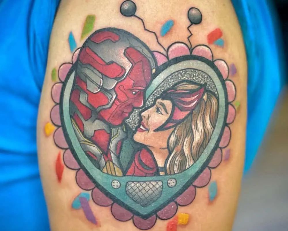 Portrait tattoo of Wanda and Vision in the heart