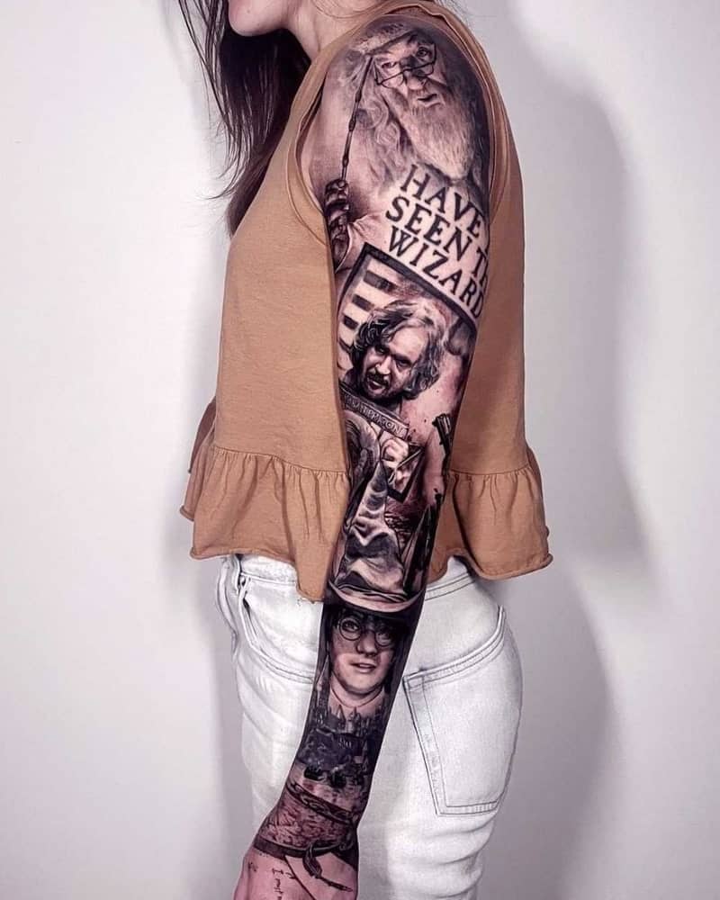 Realistic full arm tattoo with Dumbledore, Harry and other characters and the caption Have you seen the wizard