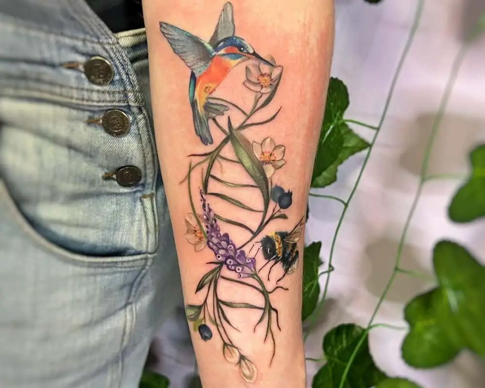 Tattoo depicting a DNA spiral of flowers and Calibri