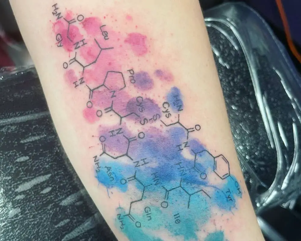 Tattoo in the form of chemical formulas on a coloured background