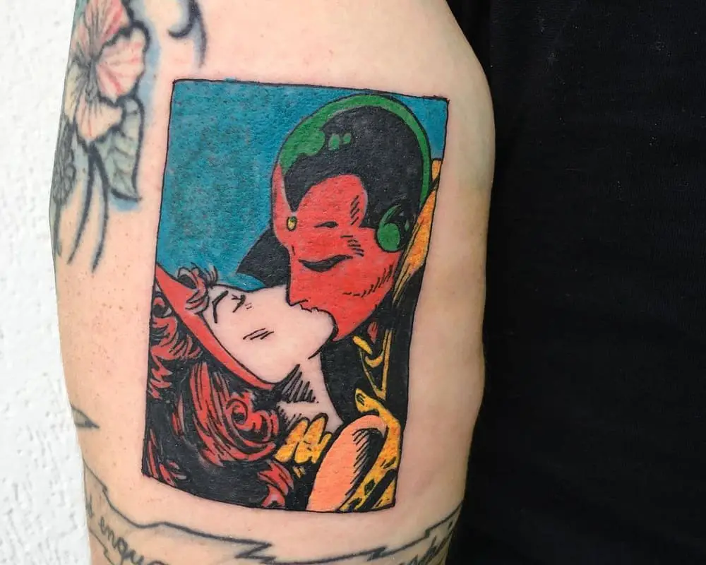 Tattoo of a frame from a comic book with Wanda and Vision kissing