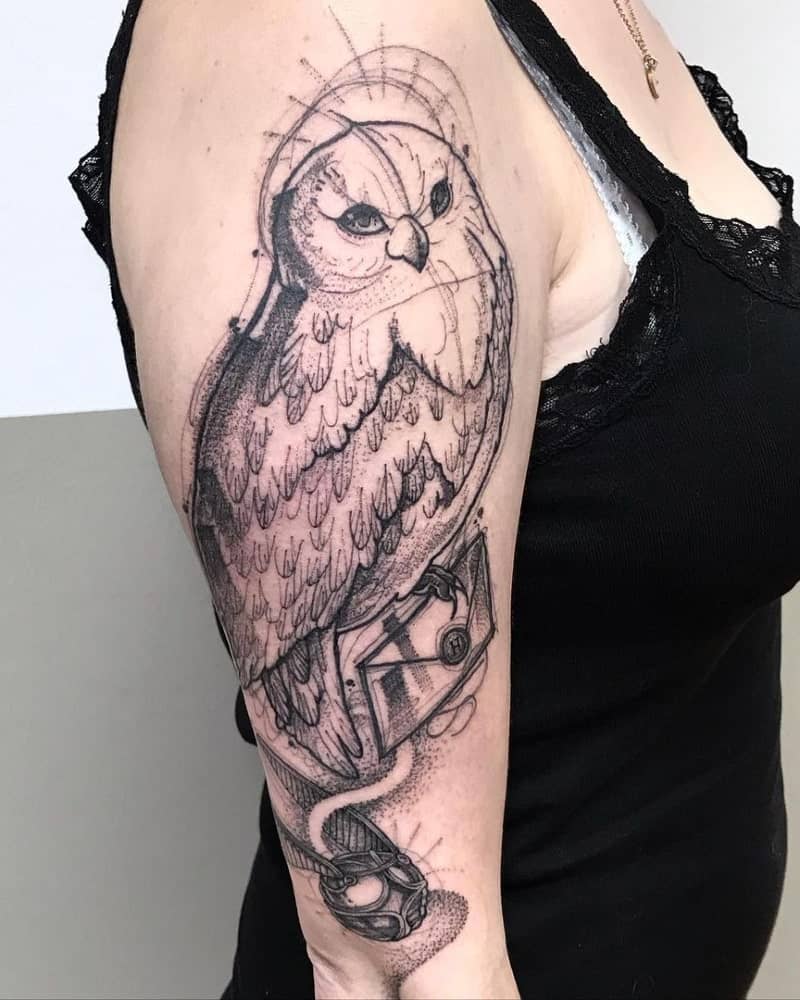 Tattoo of an owl with a letter from Hogwarts and a Golden Snitch