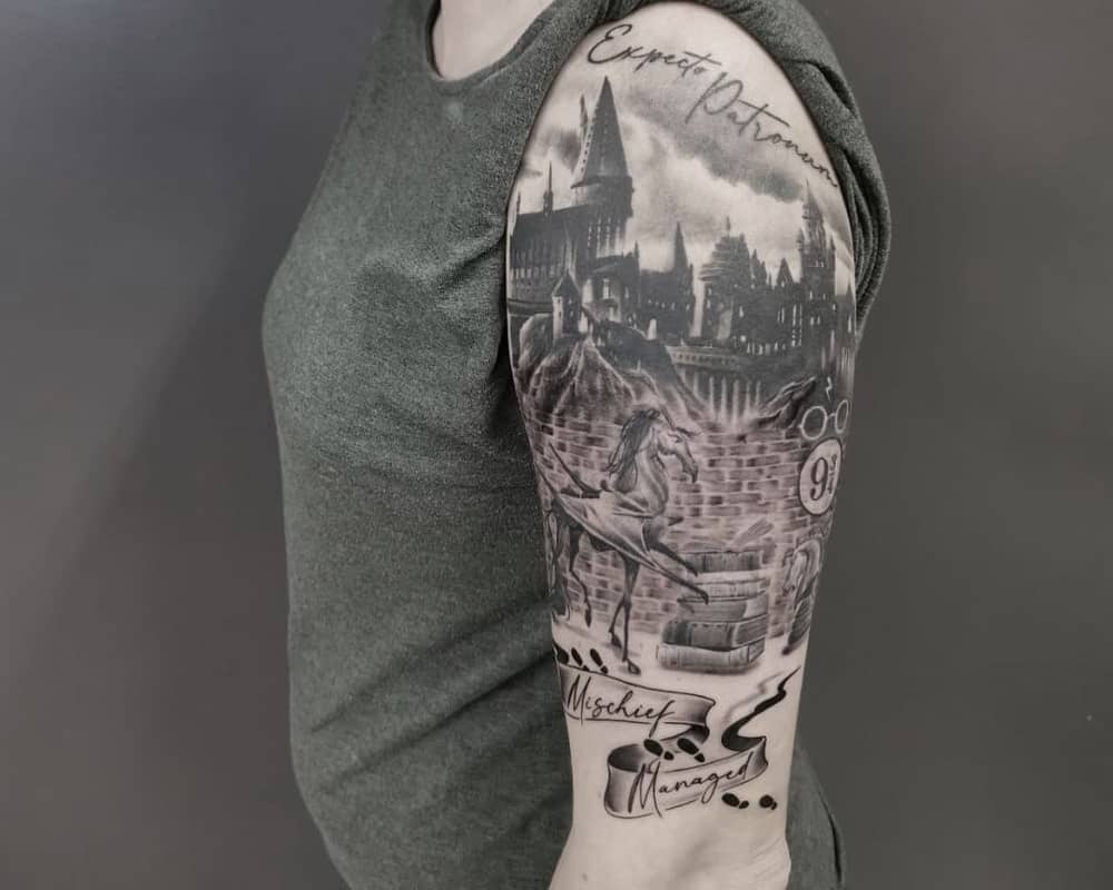 Tattoo of the Hogwarts and Thestral