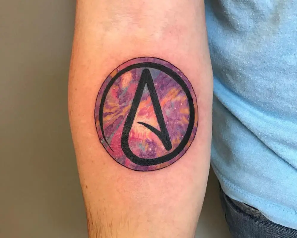 Tattoo of the symbol A in a multicoloured circle