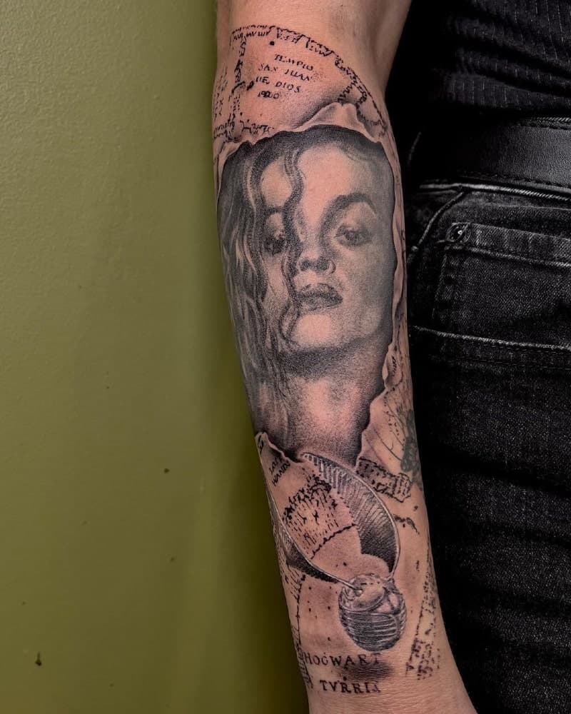 Tattoo with Bellatrix Lestrange and Golden Snitch