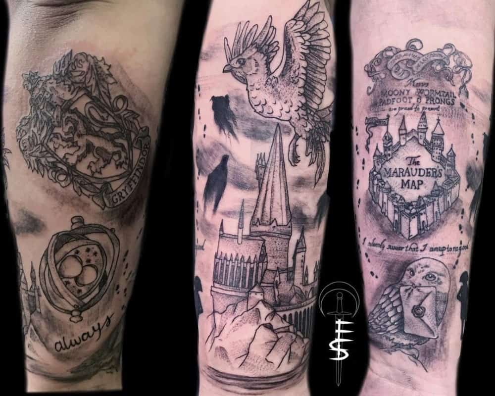 Tattoo with Gryffindor crest, phoenix, Time-Turner, and Marauder's Map