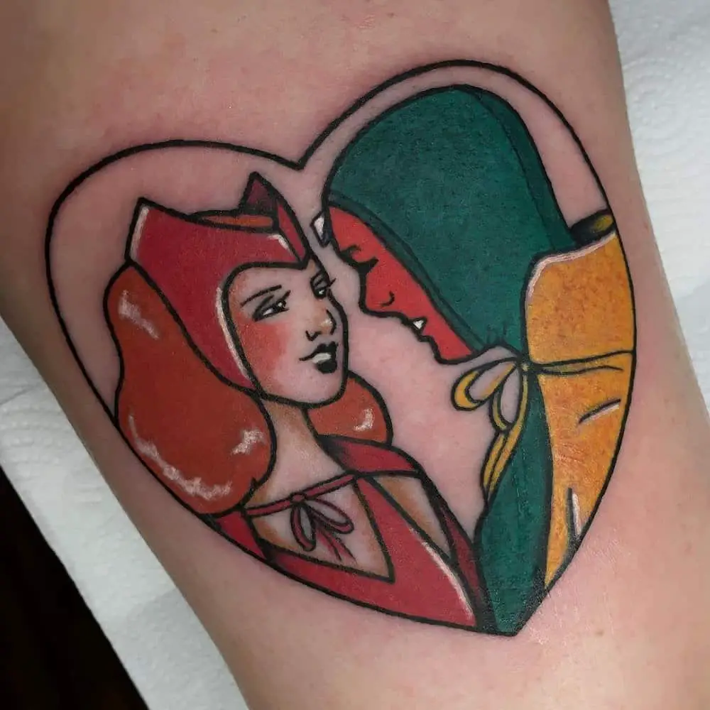 Tattoo with smiling Wanda and Vision in the heart