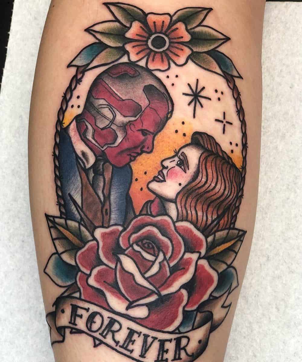 Wanda and Vision portrait tattoo with a rose and the inscription "forever"
