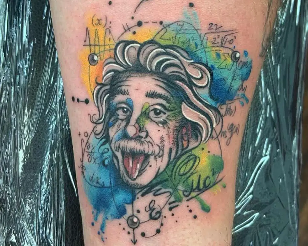 a striking tattoo of Einstein's portrait