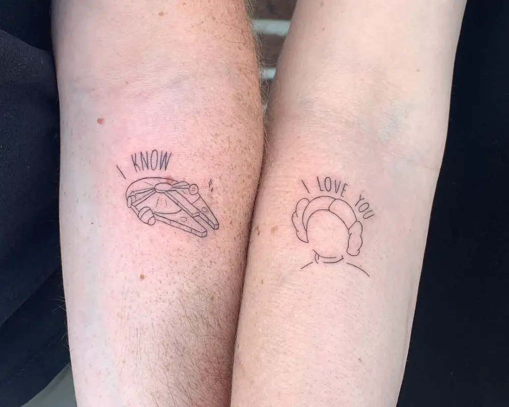 paired tattoo of Millennium Falcon and Princess Leia with the inscription I love you, I know
