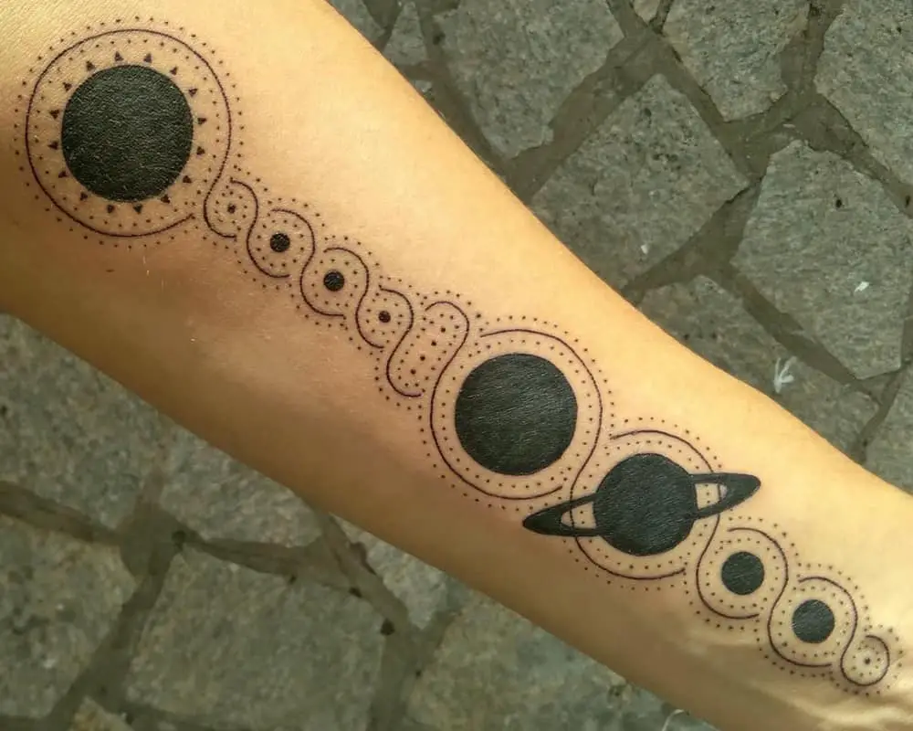 tattoo depicting an atom from space objects