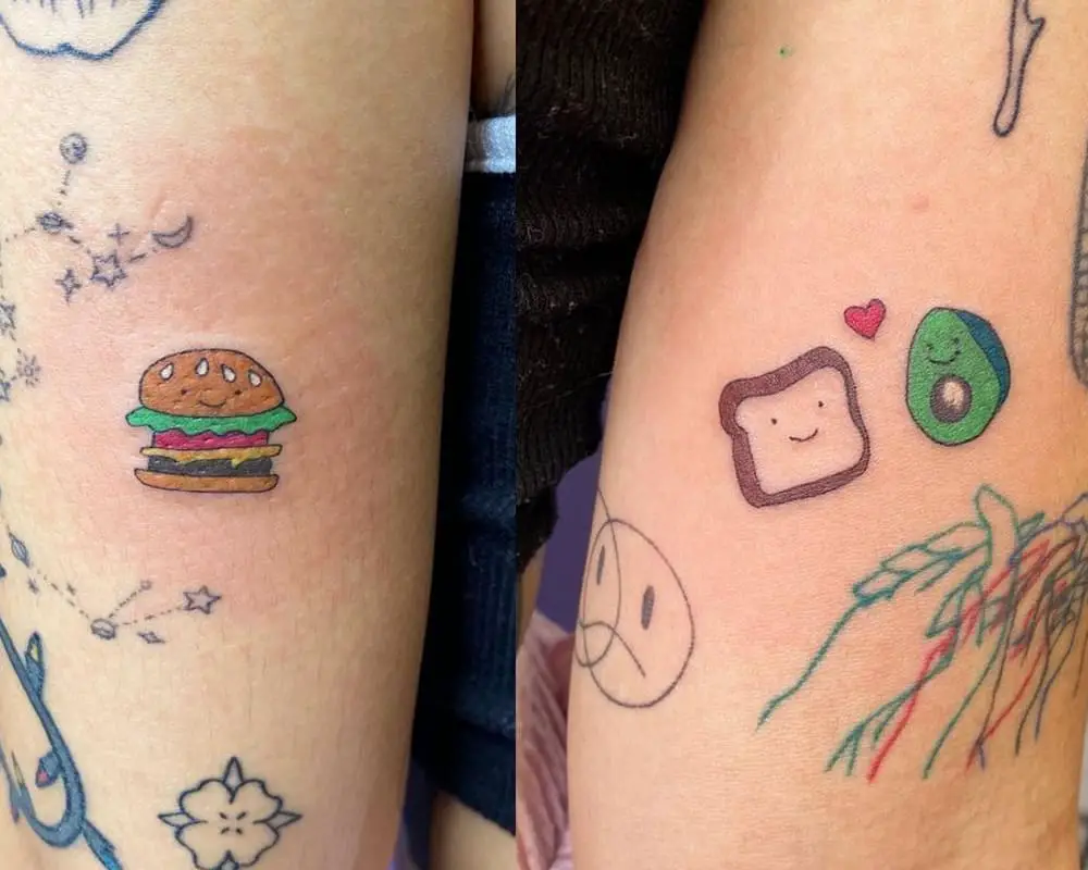 tattoo of a small burger on the right leg and avocado toast on the left leg