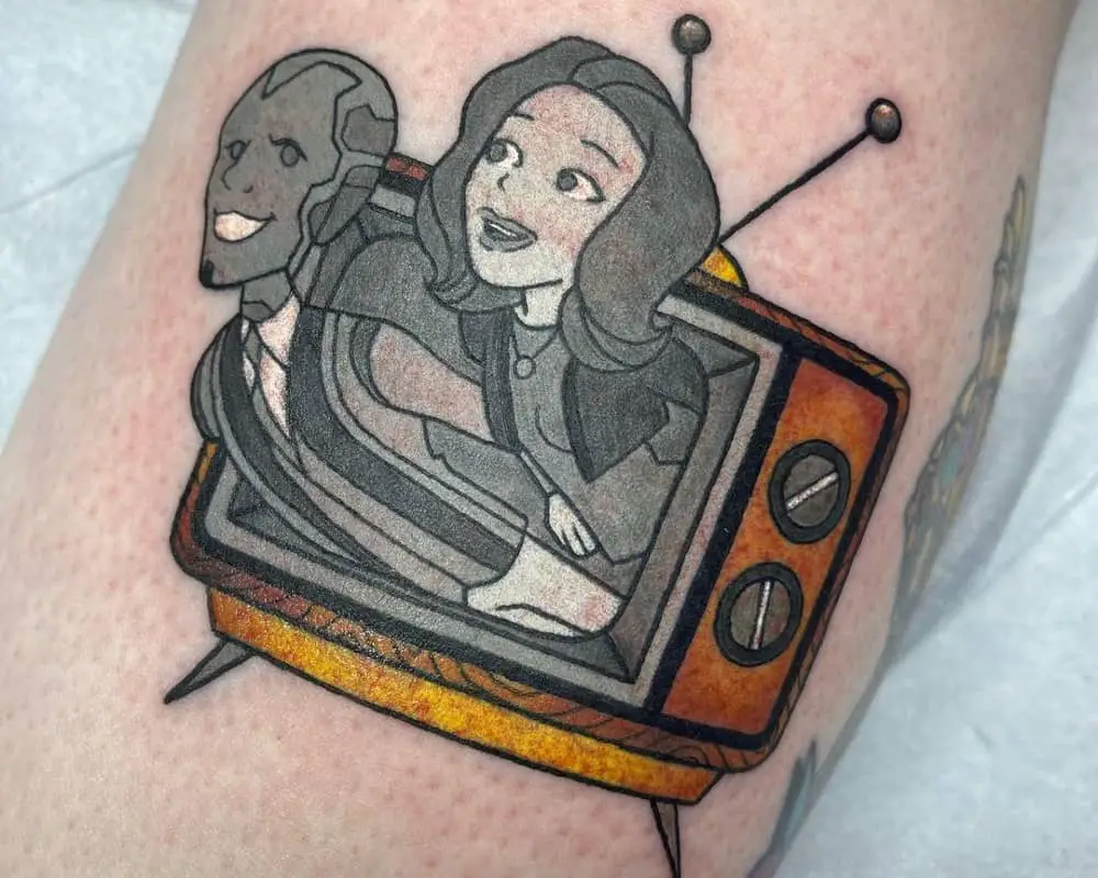 tattoo of a television set with cartoon Wanda and Vision coming out of it