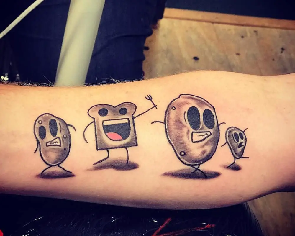 tattoo of a toast with a fork chasing three potatoes
