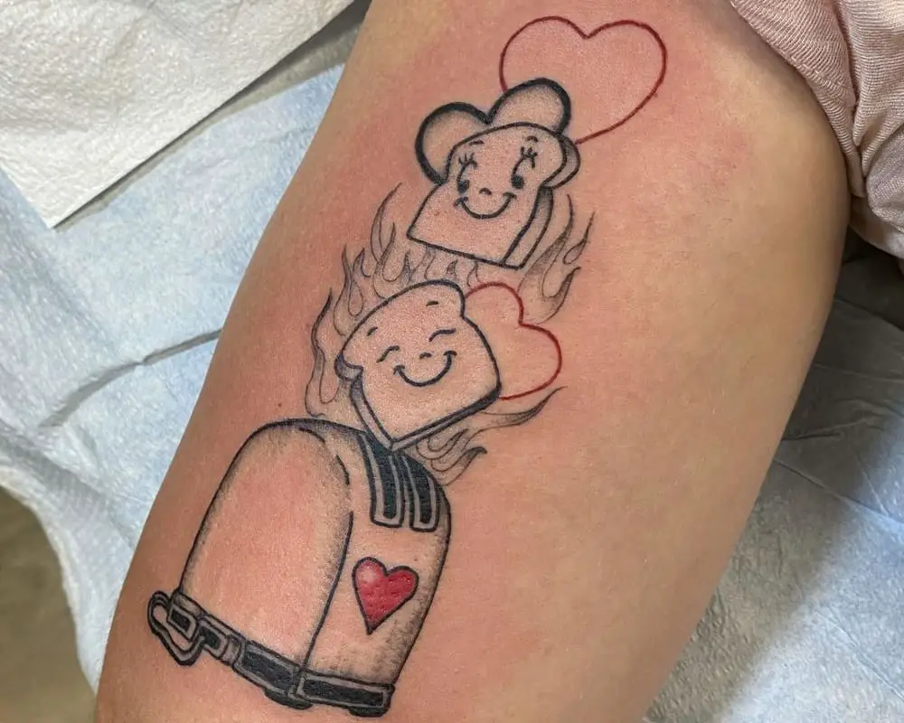 tattoo of a toaster and a pair of toast and hearts