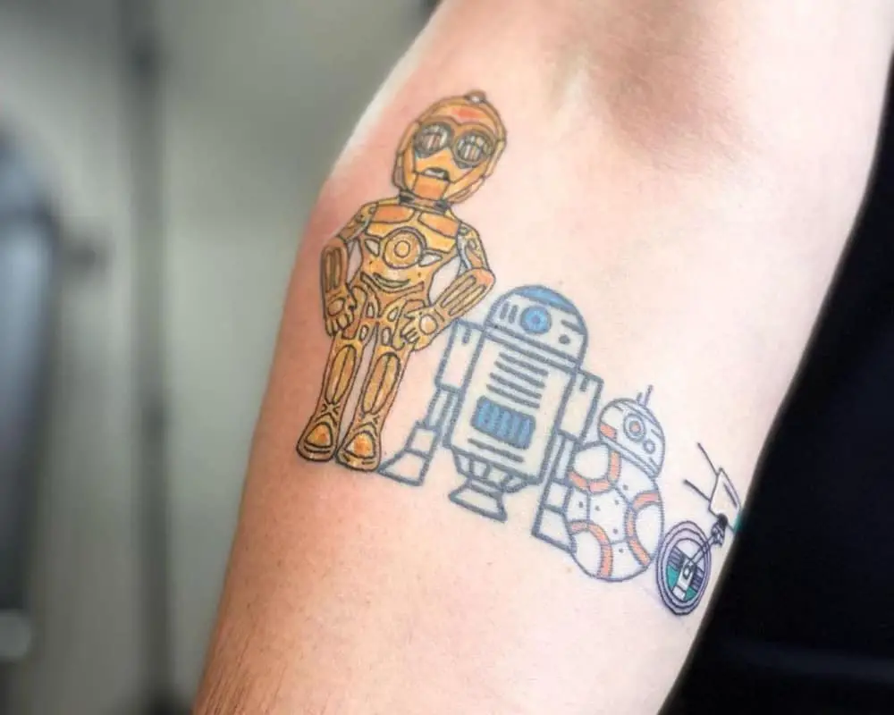 tattoo of robots R2-D2, C3-PO, BB-8