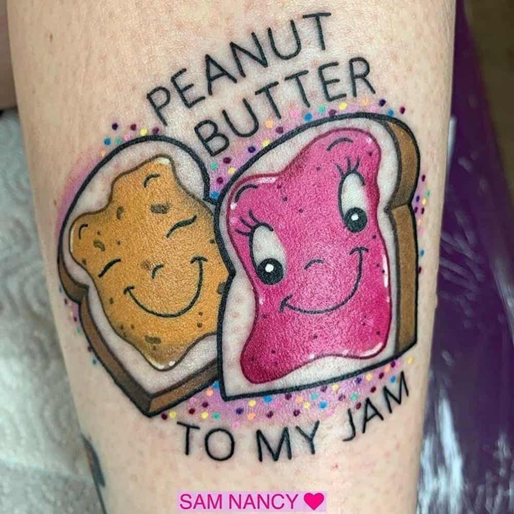 tattoo with a couple of toasters and the words peanut butter to my jam