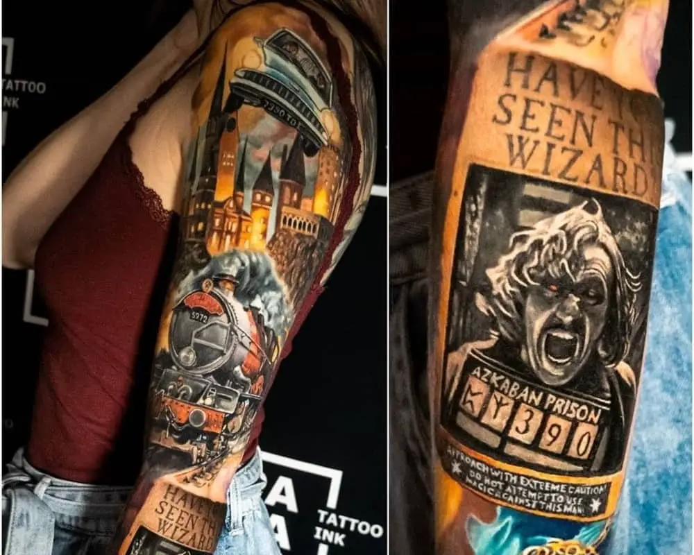 very realistic full arm colour tattoo with train, Prisoner of Azkaban flyer and Deathly Hallows pendant