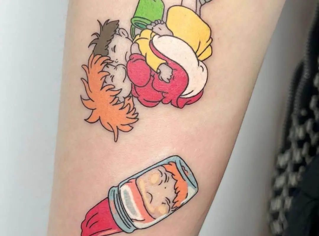 Hugging Sosuke and Ponyo and Ponyo in the jar tattoo