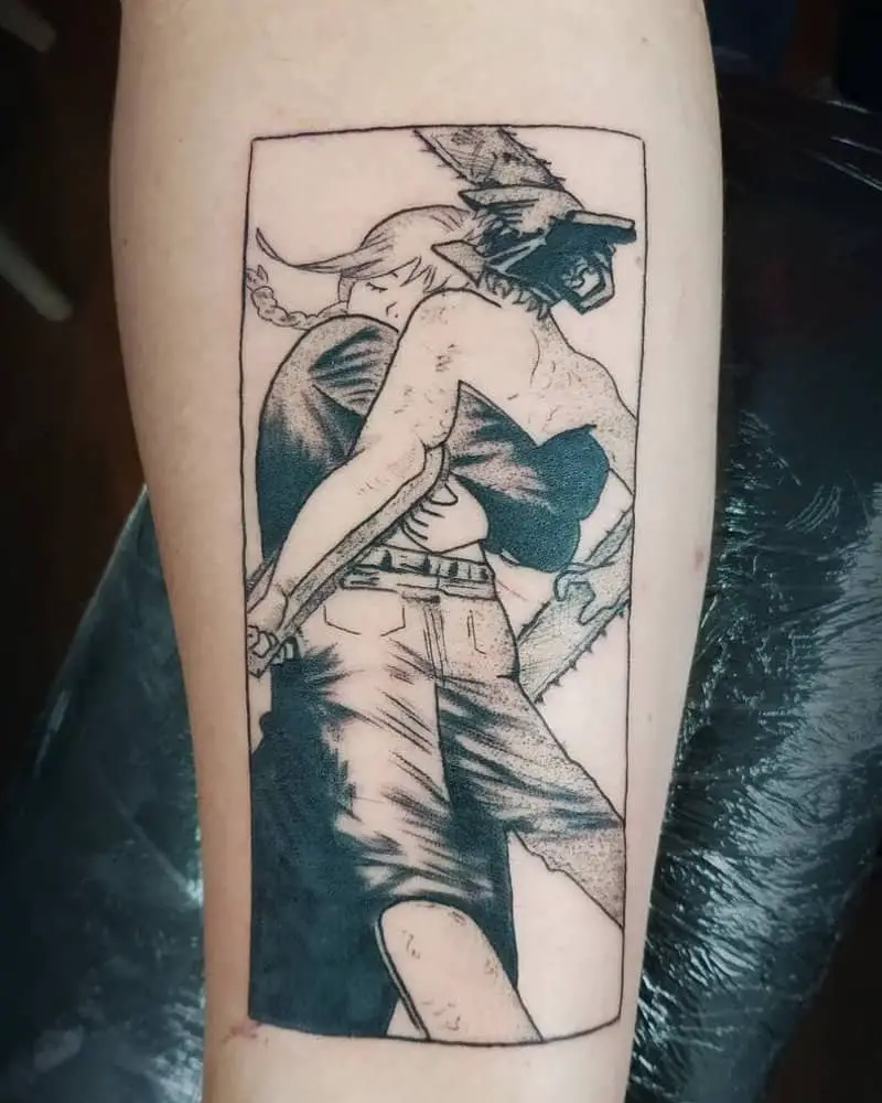 A tattoo frame from a manga hugging a chainsaw man with Makima