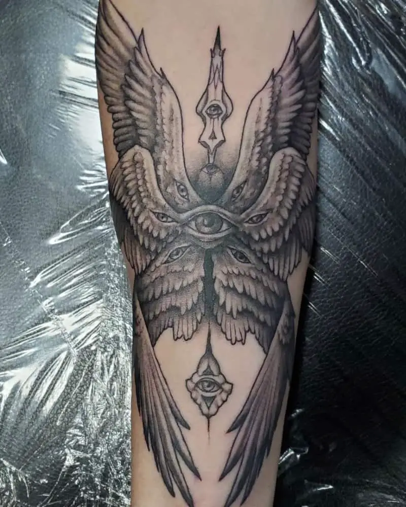 A tattoo in the form of a six-winged angel with eyes