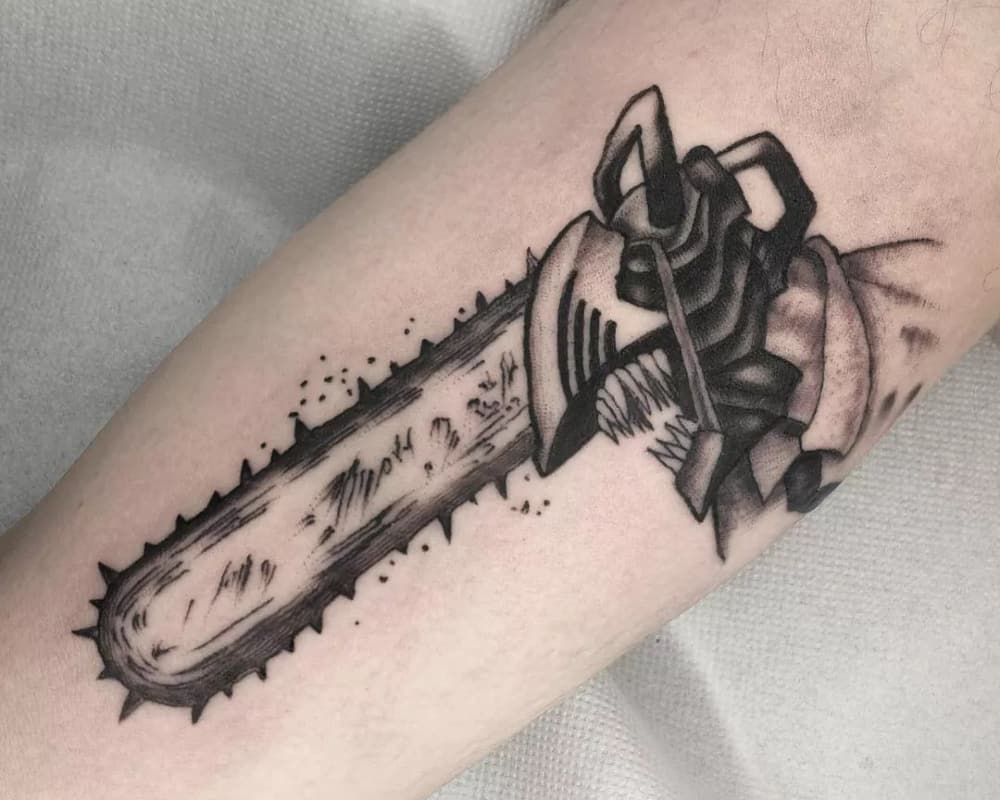 A tattoo in the shape of a chainsaw man's head
