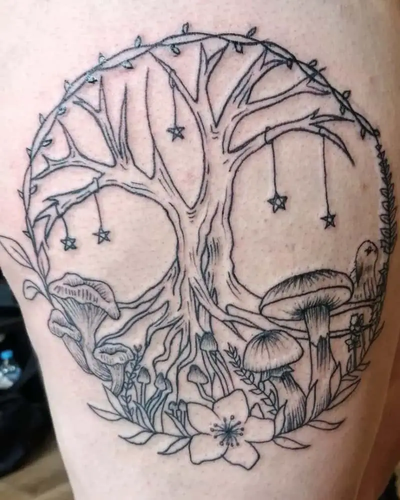 A tattoo in the shape of a tree with stars hanging from it