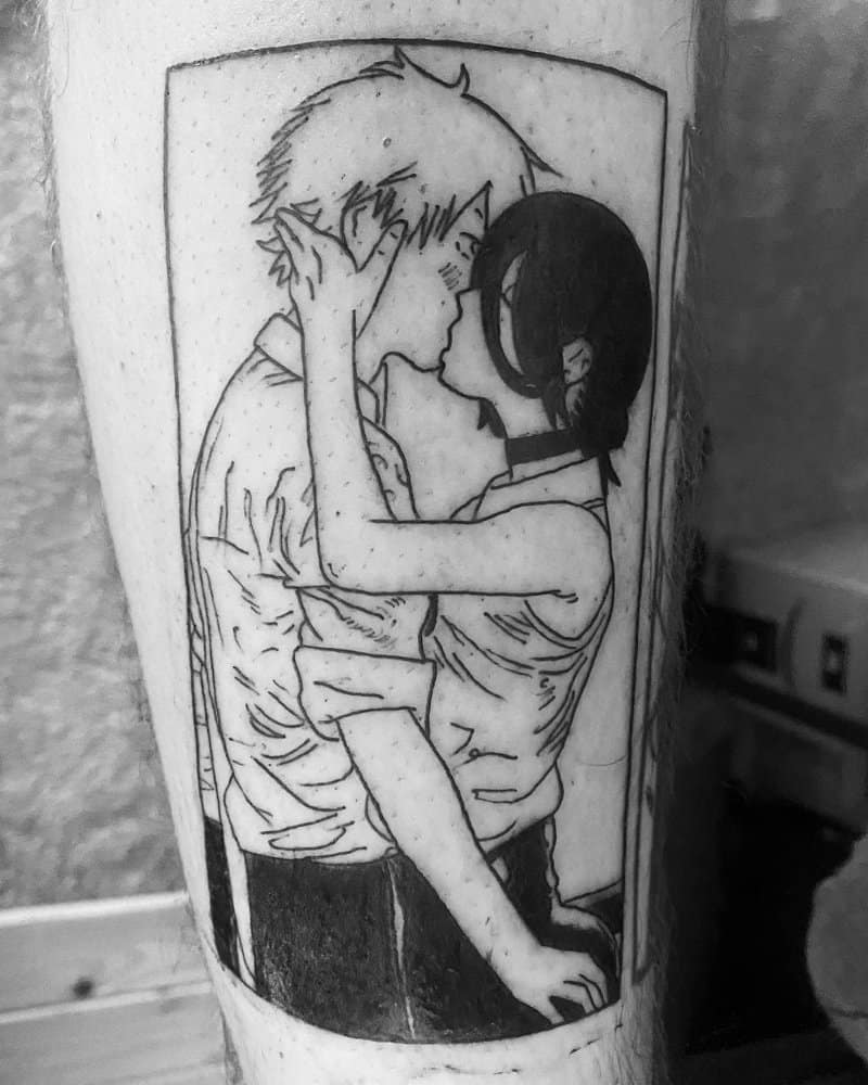 A tattoo of Denji and Reze kissing