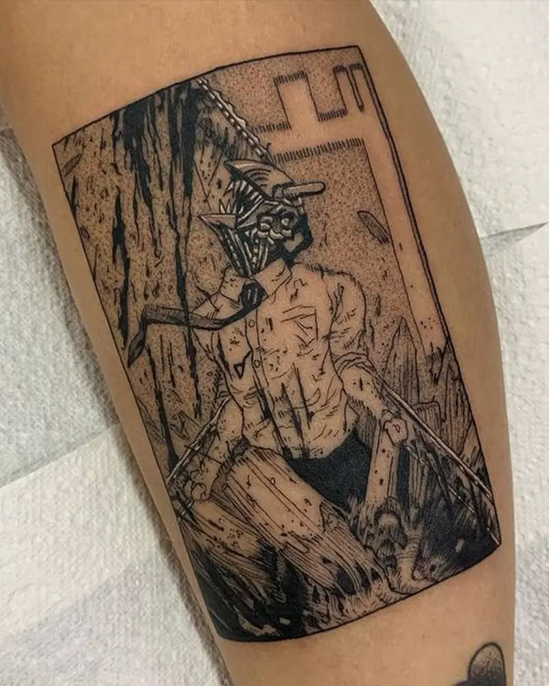 A tattoo of a frame from the manga man-Benzopil during a battle