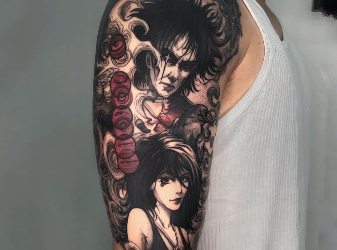 Anime woman and man with red sign tattoo