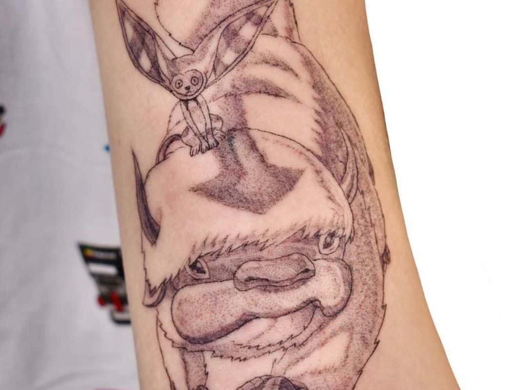 Outline Momo sitting on Appa tattoo