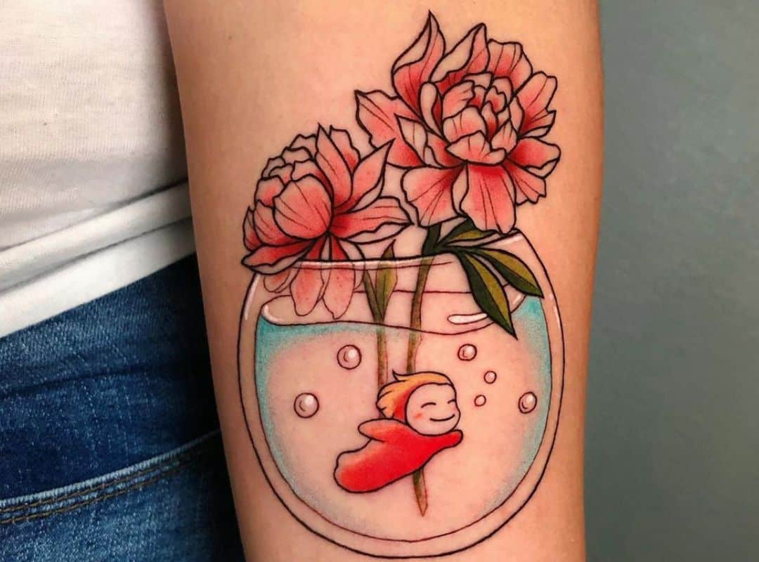 Ponyo in the aquarium with flowers tattoo